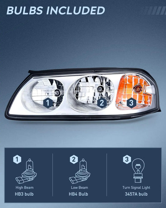 Headlight Assembly 2000 2001 2002 2003 2004 Chevy Impala Headlight Assembly Chrome Case Amber Reflector