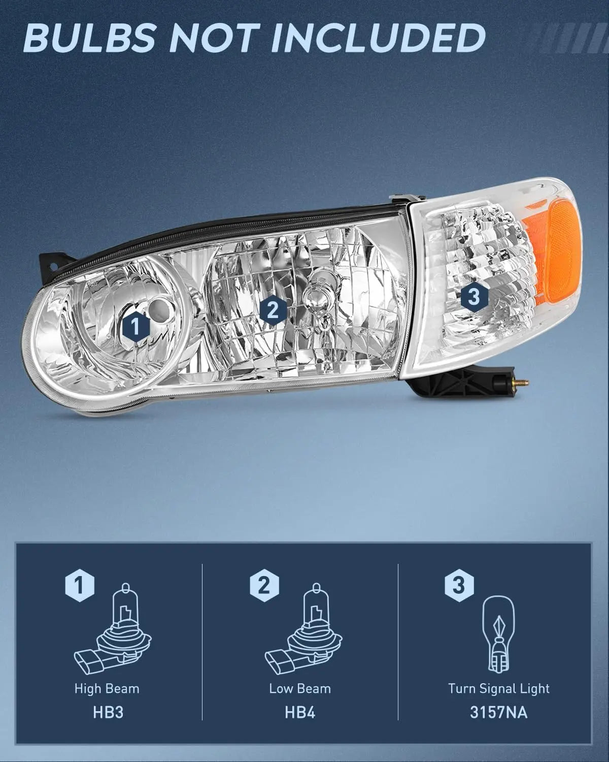 2001 2002 Toyota Corolla Headlight Assembly Chrome Housing Amber Reflector Nilight