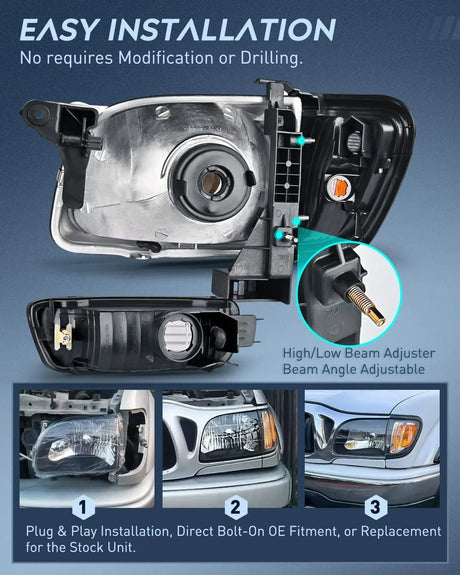 Headlight Assembly 2001 2002 2003 2004 Toyota Tacoma Headlight Assembly Black Case Amber Reflector