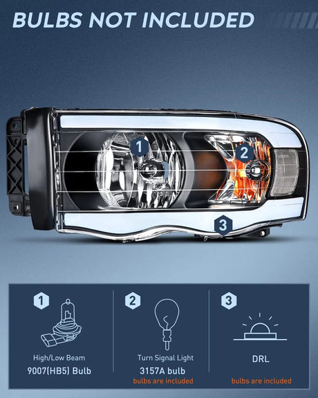 Headlight Assembly 2002 2003 2004 2005 Dodge Ram 1500 2003 2004 2005 Dodge Ram 2500 3500 Headlight Assembly Black Case Clear Reflector