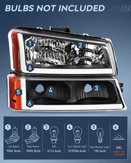 Headlight Assembly 2003 2004 2005 2006 2007 Chevy Silverado Avalanche 1500 2500 3500 Headlight Assembly Black Case Amber Reflector DRL