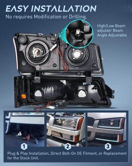 Headlight Assembly 2003 2004 2005 2006 2007 Chevy Silverado Avalanche 1500 2500 3500 Headlight Assembly Black Case Amber Reflector DRL