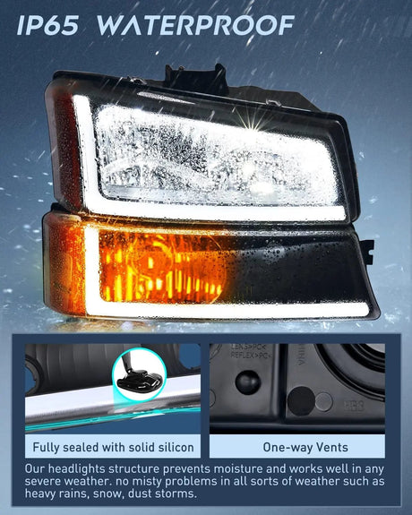 Headlight Assembly 2003 2004 2005 2006 2007 Chevy Silverado Avalanche 1500 2500 3500 Headlight Assembly Black Case Amber Reflector DRL