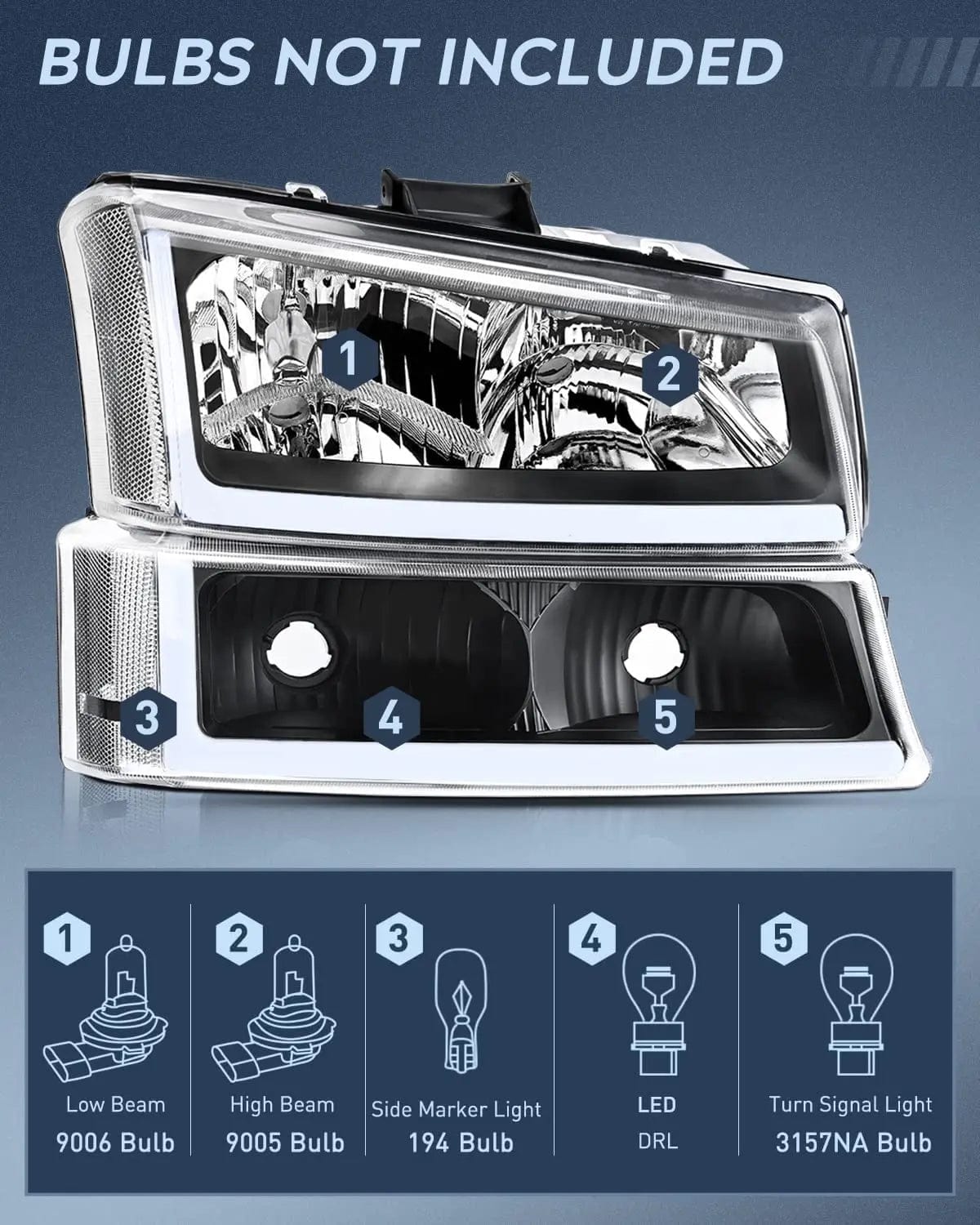 Headlight Assembly 2003 2004 2005 2006 2007 Chevy Silverado Avalanche 1500 2500 3500 Headlight Assembly Black Case Clear Reflector DRL