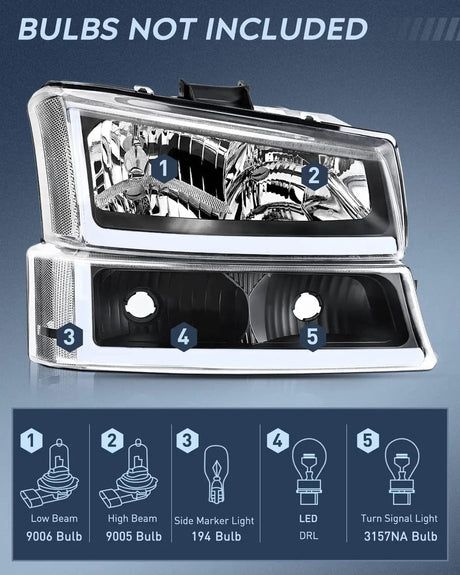 Headlight Assembly 2003 2004 2005 2006 2007 Chevy Silverado Avalanche 1500 2500 3500 Headlight Assembly Black Case Clear Reflector DRL