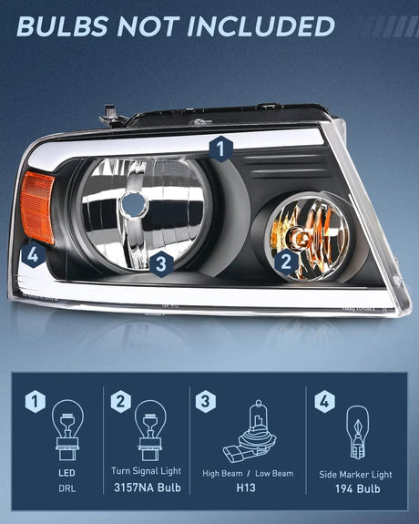 Headlight Assembly 2004 2005 2006 2007 2008 Ford F150 2006 2007 2008 Lincoln Mark LT Led DRL Headlight Assembly Black Case Amber Reflector