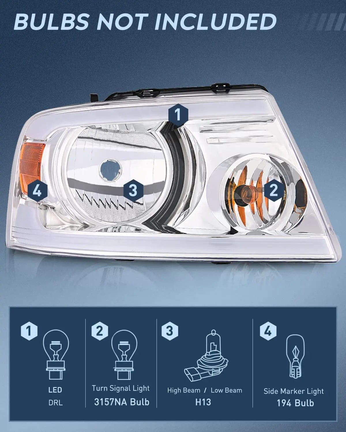 Headlight Assembly 2004 2005 2006 2007 2008 Ford F150 2006 2007 2008 Lincoln Mark LT Led DRL Headlight Assembly Chrome Case Amber Reflector