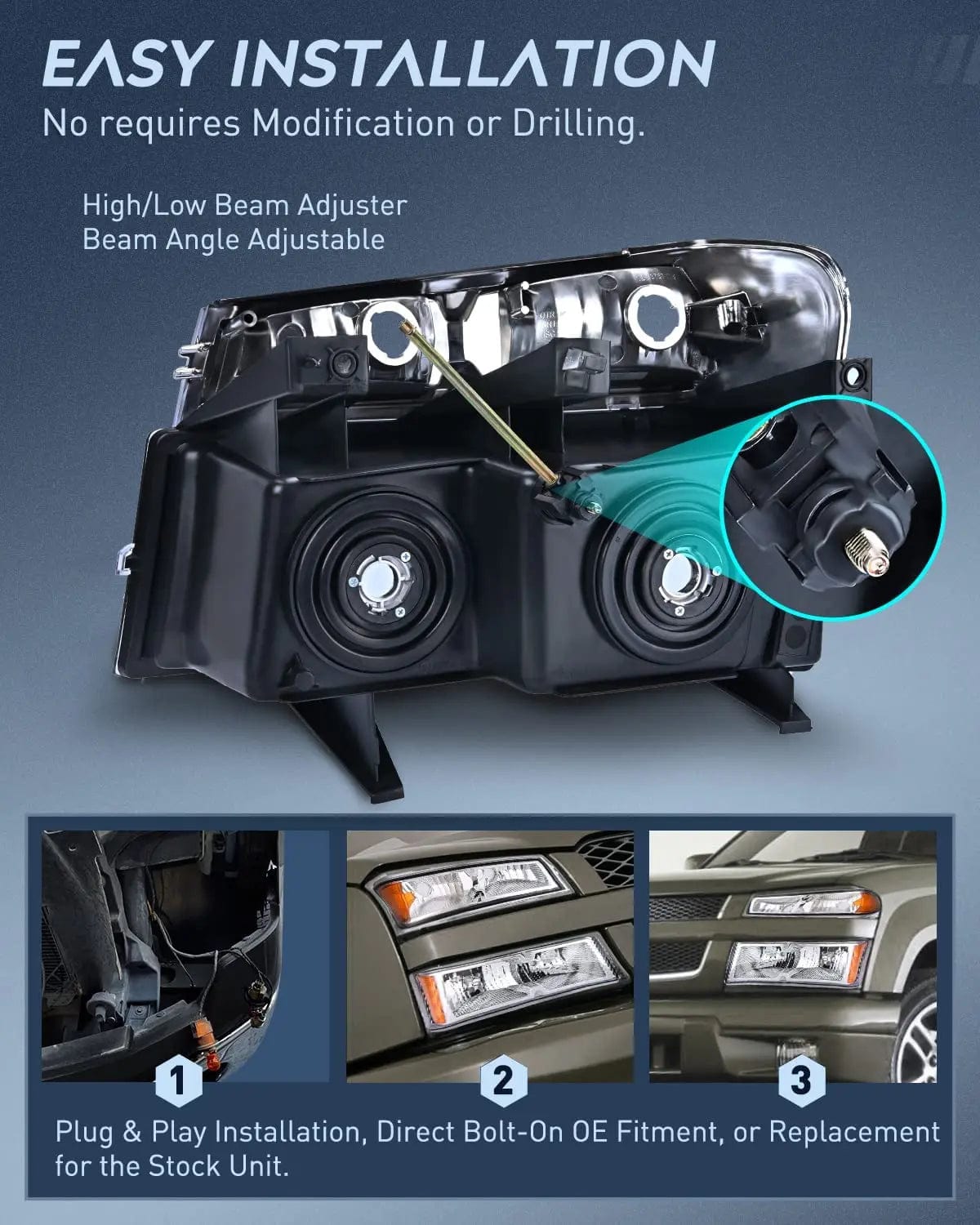 Headlight Assembly 2004 2005 2006 2007 2008 2009 2010 2011 2012 Chevy Colorado 2004 2005 2006 2007 2008 2009 2010 2011 2012 GMC Canyon 2006 2007 2008 Isuzu Headlight Assembly Chrome Case Clear Reflector