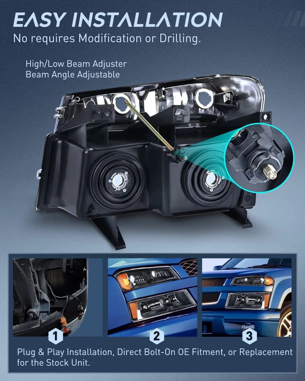 Headlight Assembly 2004 2005 2006 2007 2008 2009 2010 2011 2012 Chevy Colorado 2004 2005 2006 2007 2008 2009 2010 2011 2012 GMC Canyon Headlight Assembly Black Case Amber Reflector