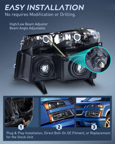 Headlight Assembly 2004 2005 2006 2007 2008 2009 2010 2011 2012 Chevy Colorado 2004 2005 2006 2007 2008 2009 2010 2011 2012 GMC Canyon Headlight Assembly Black Case Amber Reflector