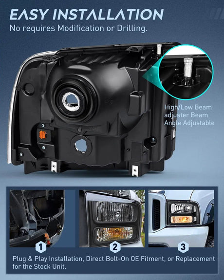 Headlight Assembly 2005-2007 F250 F350 F450 F550 Headlight Assembly Black Case Clear Reflector