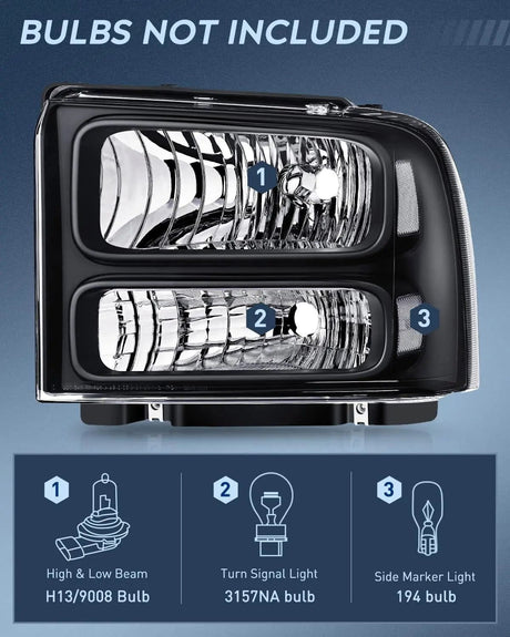 Headlight Assembly 2005-2007 F250 F350 F450 F550 Headlight Assembly Black Case Clear Reflector