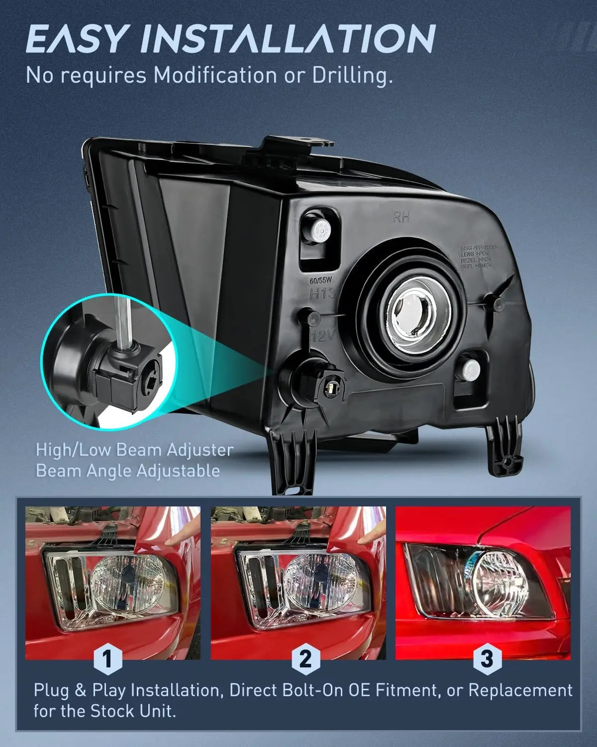 2005-2009 Ford Mustang Headlight Assembly Black Housing Clear Reflector Upgraded Clear Lens Nilight