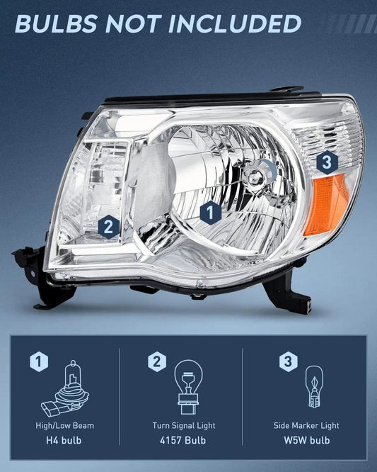 Headlight Assembly 2005 2006 2007 2008 2009 2010 2011 Toyota Tacoma Headlight Assembly Chrome Case Amber Reflector
