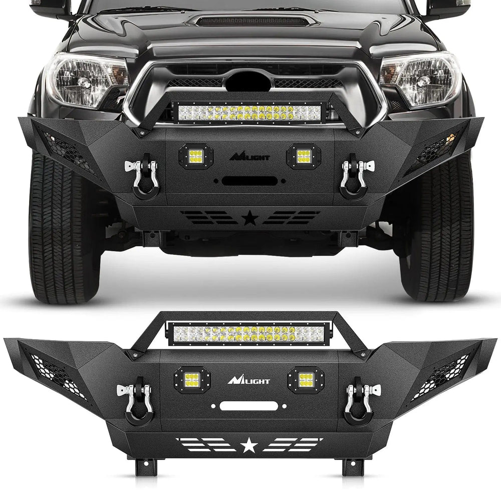 Front Bumper 2005 2006 2007 2008 2009 2010 2011 2012 2013 2014 2015 Toyota Tacoma Front Bumper Full Width Solid Steel Winch Plate Offroad 120W Light Bar 18W Pods