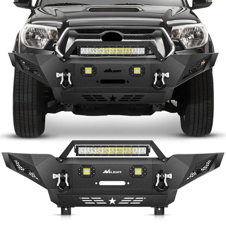 Front Bumper 2005 2006 2007 2008 2009 2010 2011 2012 2013 2014 2015 Toyota Tacoma Front Bumper Full Width Solid Steel Winch Plate Offroad 120W Light Bar 18W Pods