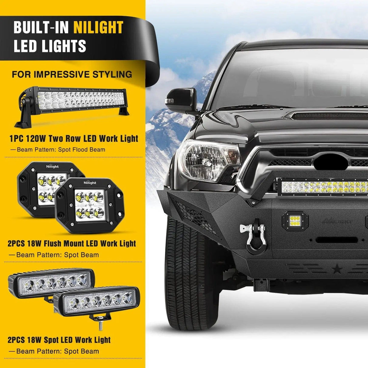 Front Bumper 2005 2006 2007 2008 2009 2010 2011 2012 2013 2014 2015 Toyota Tacoma Front Bumper Full Width Solid Steel Winch Plate Offroad 120W Light Bar 18W Pods