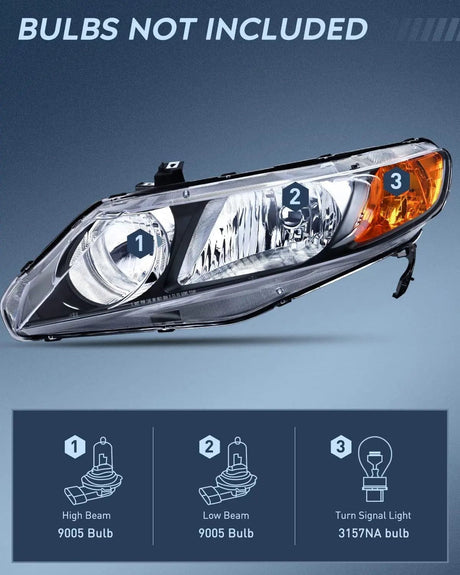Headlight Assembly 2006-2011 Honda Civic Headlight Assembly Black Case Amber Reflector