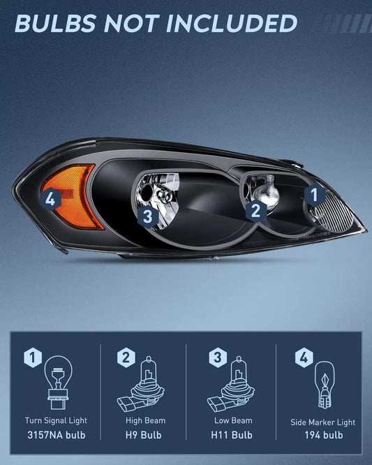 Headlight Assembly 2006 2007 2008 2009 2010 2011 2012 2013 Chevrolet Impala 2014 2015 2016 Impala Limited 2006 2007 Monte Carlo Headlight Assembly Black Case Amber Reflector