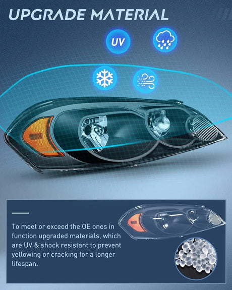 Headlight Assembly 2006 2007 2008 2009 2010 2011 2012 2013 Chevrolet Impala 2014 2015 2016  Impala Limited 2006 2007 Monte Carlo Headlight Assembly Black Case Amber Reflector