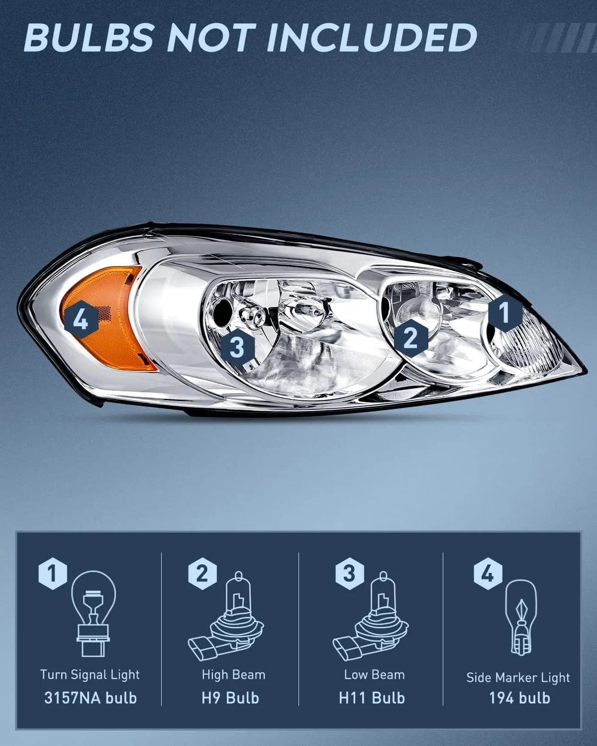 Headlight Assembly 2006 2007 2008 2009 2010 2011 2012 2013 Chevrolet Impala 2014 2015 2016 Impala Limited 2006 2007 Monte Carlo Headlight Assembly Chrome Case Amber Reflector