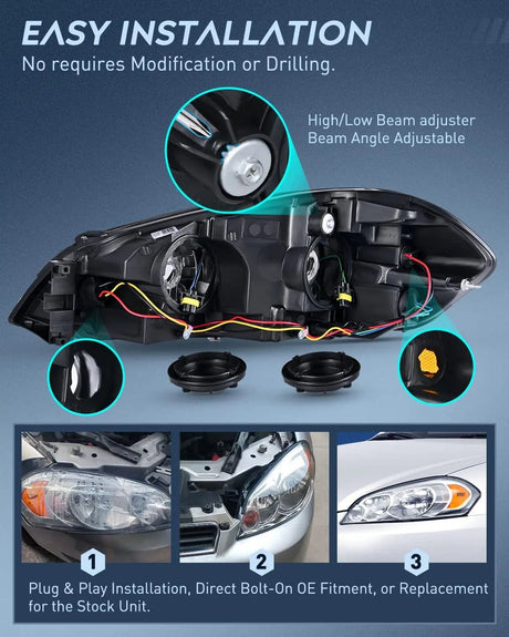 Headlight Assembly 2006 2007 2008 2009 2010 2011 2012 2013  Chevrolet Impala 2014 2015 2016 Impala Limited 2006 2007 Monte Carlo Headlight Assembly Chrome Case Amber Reflector