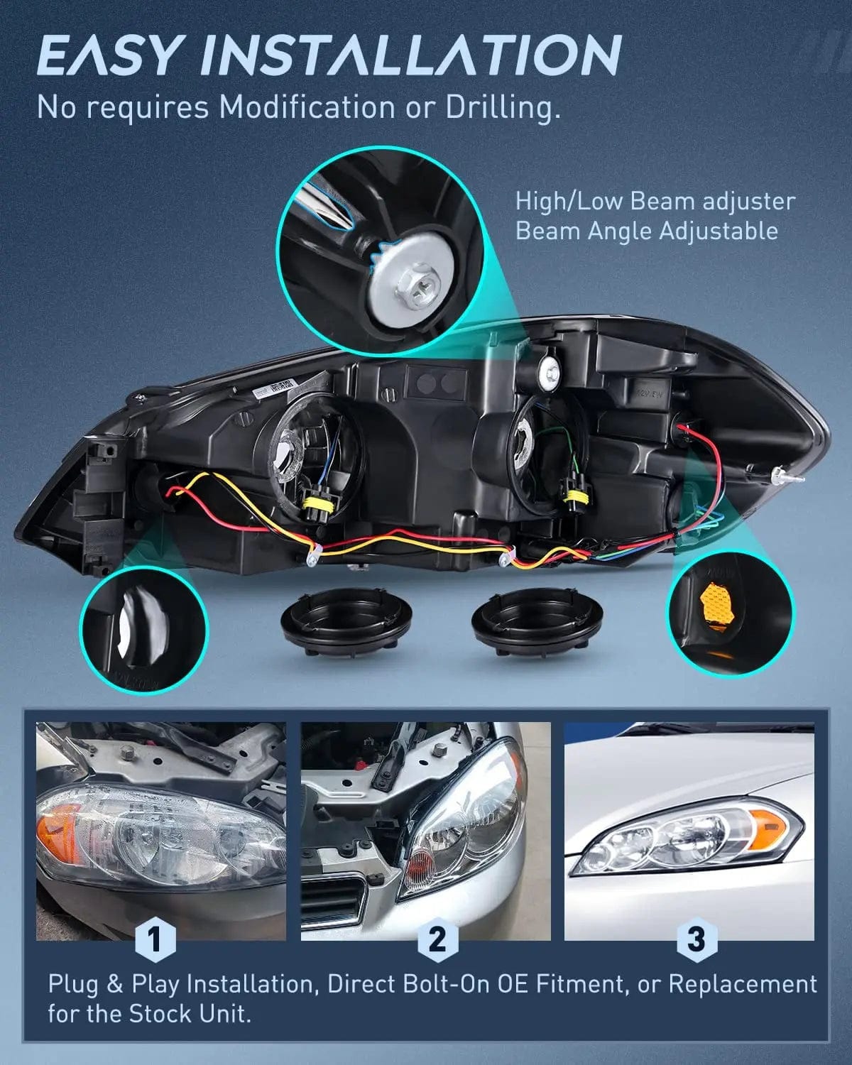 Headlight Assembly 2006 2007 2008 2009 2010 2011 2012 2013 Chevrolet Impala 2014 2015 2016 Impala Limited 2006 2007 Monte Carlo Headlight Assembly Chrome Case Amber Reflector