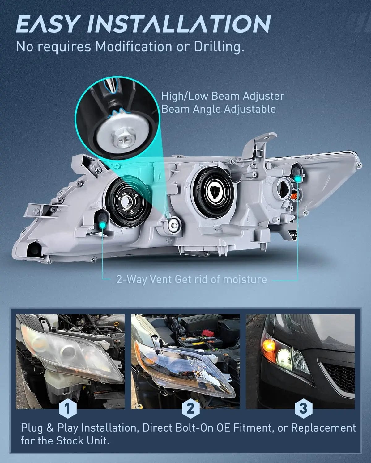 Headlight Assembly 2007 2008 2009 Toyota Camry Headlight Assembly Black Case Amber Reflector