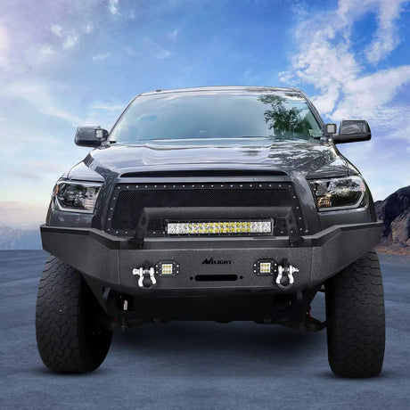 Front Bumper 2007 2008 2009 2010 2011 2012 2013 Toyota Tundra Front Bumper Full Width Solid Steel with Winch Plate 120W LED Light Bar 2Pcs 18W Light Pods