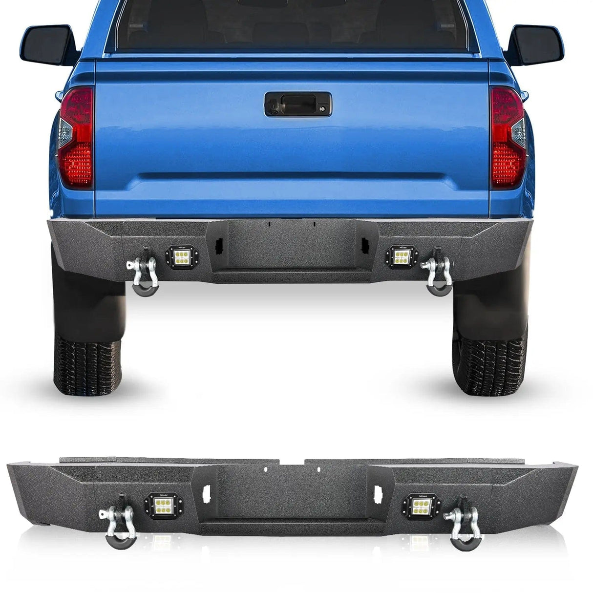 Rear Bumper 2007-2010 2011 2012 2013 Toyota Tundra Rear Step Bumper Full Width Textured Black Solid Steel Off-Road with 2Pcs Upgraded 18W LED Lights D-Rings