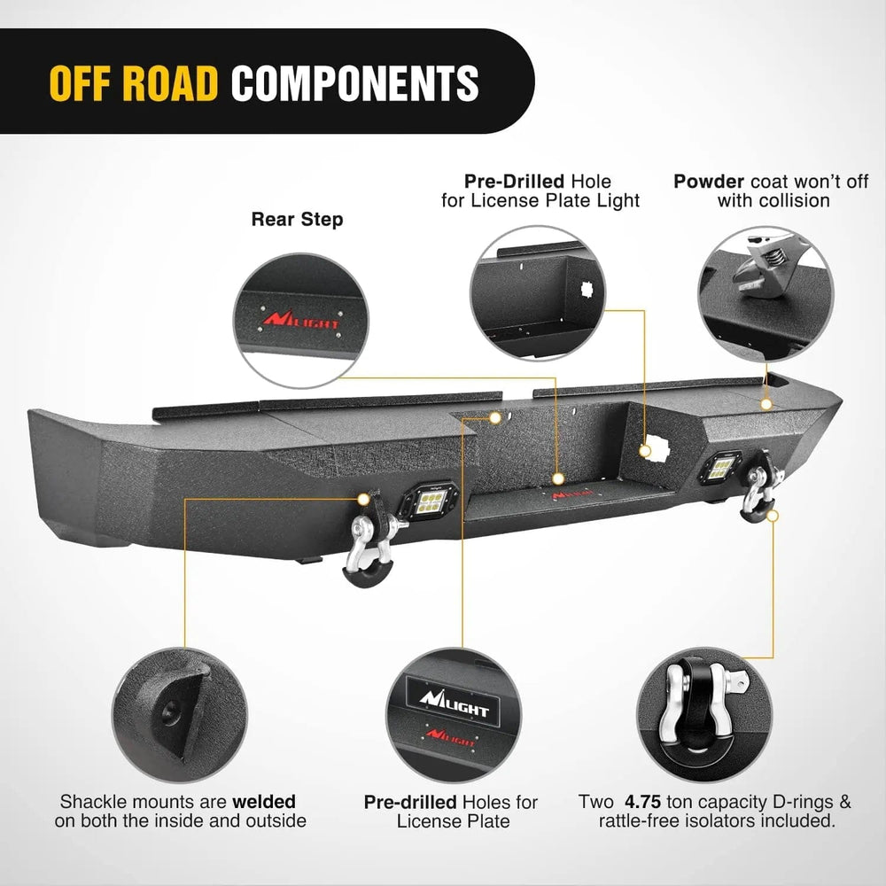 Rear Bumper 2007-2010 2011 2012 2013 Toyota Tundra Rear Step Bumper Full Width Textured Black Solid Steel Off-Road with 2Pcs Upgraded 18W LED Lights D-Rings