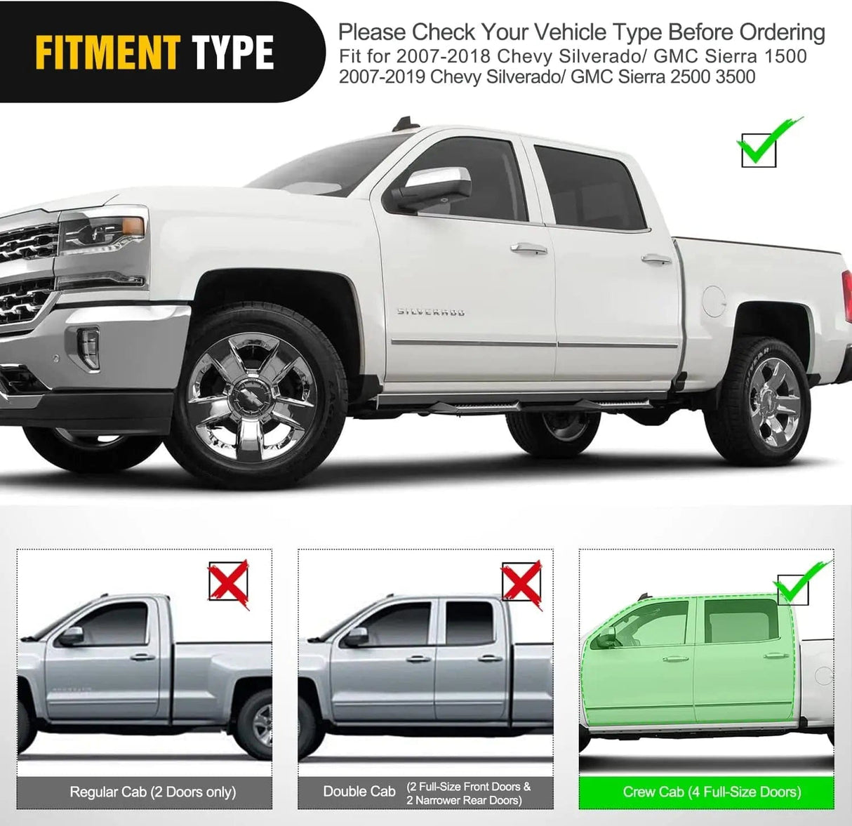 Running Board 2007-2018 Chevy Silverado GMC Sierra 1500 2007 2008 2009 2010 2011 2012 2013 2014 2015 2016 2017 2018 2019 Chevy Silverado GMC Sierra 2500HD 3500HD Crew Cab Running Boards 4 Inch Drop Side Steps Bolt-on Black Powder Coated