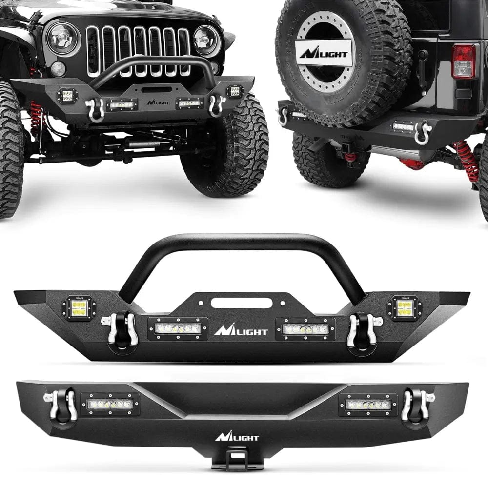 Jeep Bumper 2007 2008 2009 2010 2011 2012 2013 2014 2015 2016 2017 2018 Jeep Wrangler JK Front Rear Bumper Combo Rock Crawler with Hitch Receiver Upgraded LED Lights Off Road Textured Black