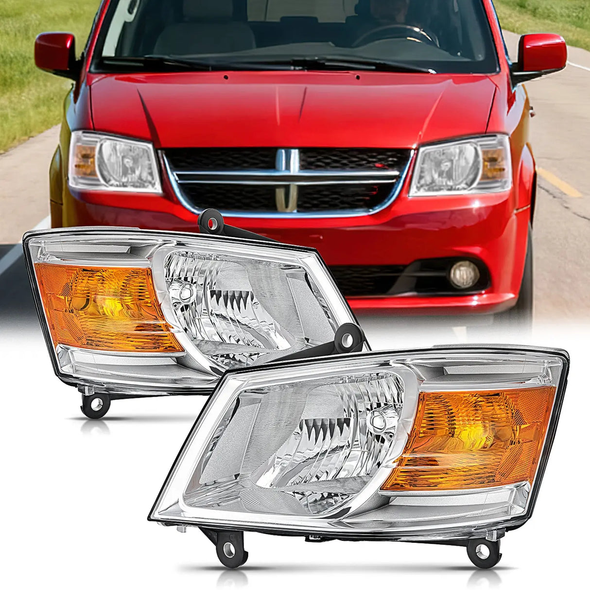 2008 2009 2010 Dodge Grand Caravan Headlight Assembly Chrome Case Amber Reflector Nilight