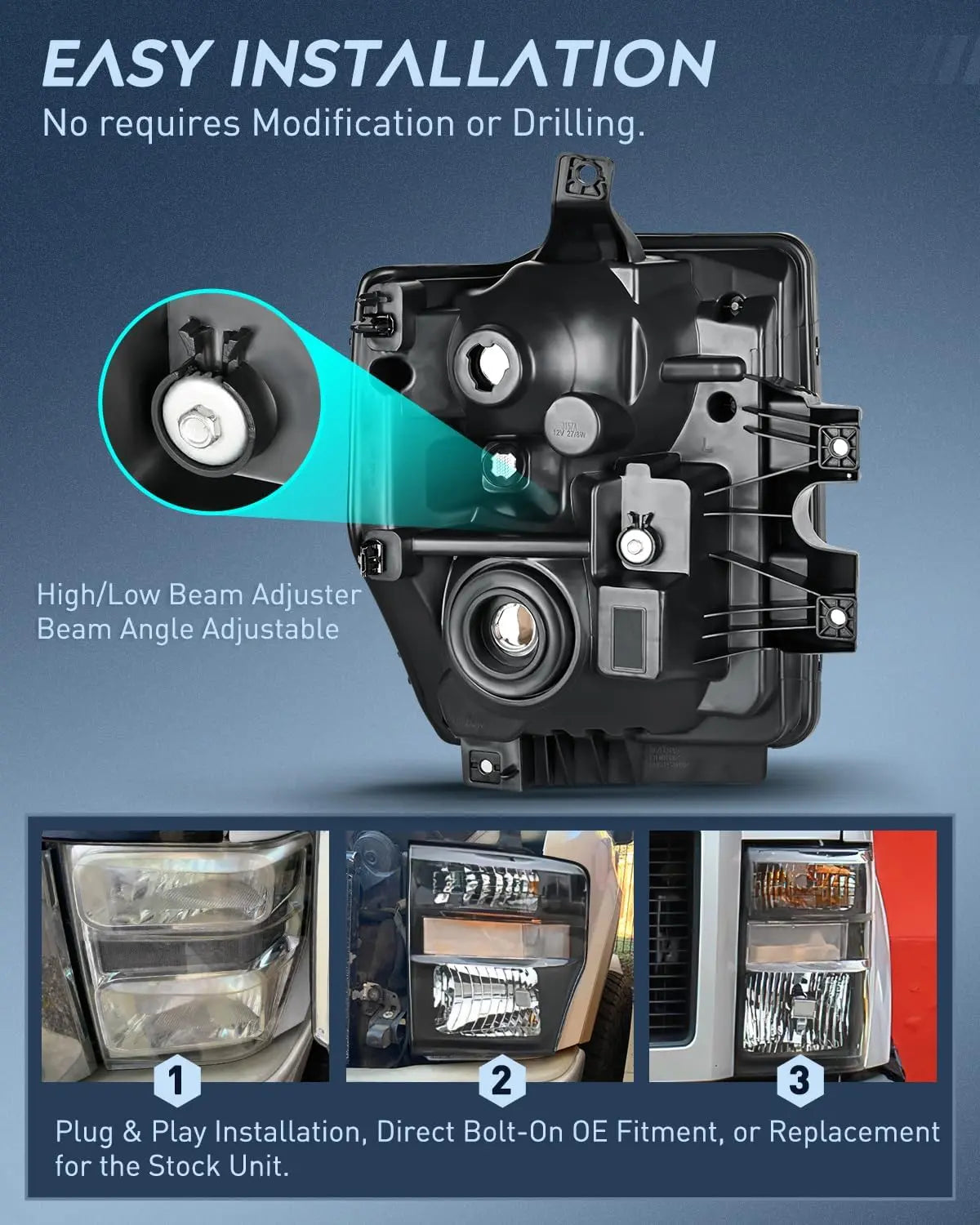 2008-2010 Ford F250 F350 F450 Super Duty Headlight Assembly Black Housing Clear Reflector Clear Lens Nilight