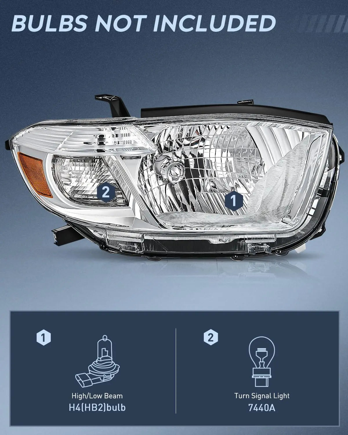 2008-2010 Toyota Highlander Headlight Assembly Chrome Housing Amber Reflector Nilight