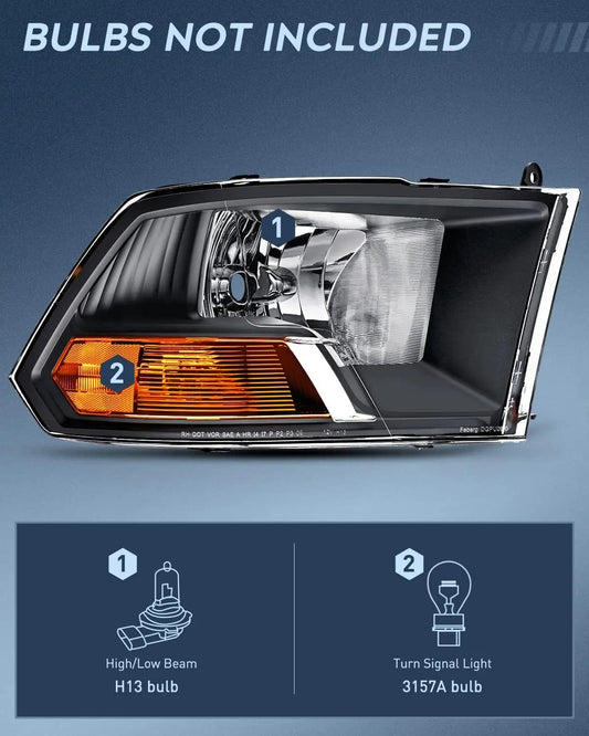 Headlight Assembly 2009 2010 2011 2012 Dodge Ram 1500 2500 3500 Headlights Assembly Dual Beam Black Case