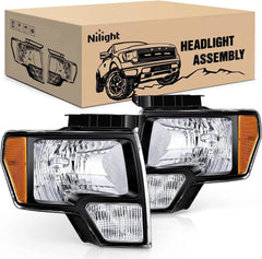 2009-2014 Ford F150 Headlight Assembly Black Case Amber Reflector