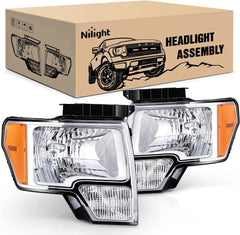 2009-2014 Ford F150 Headlight Assembly Chrome Case Amber Reflector