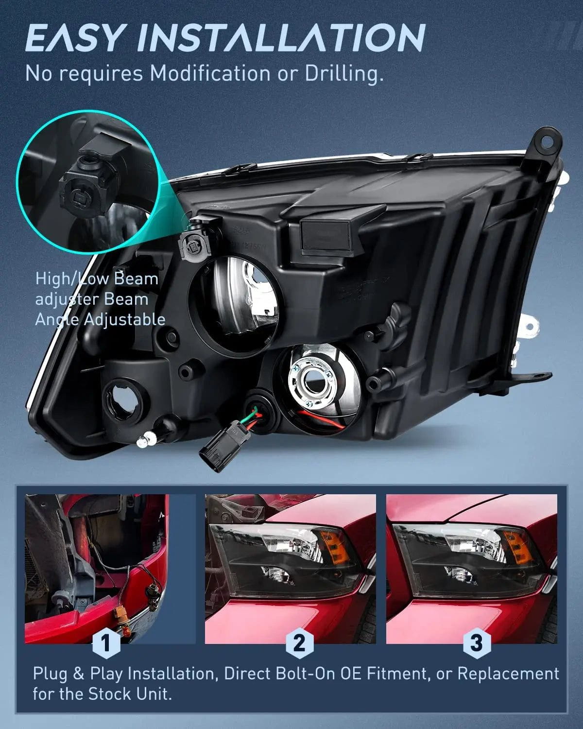 Headlight Assembly 2009-2018 Ram 1500 2500 3500 4500 5500 Headlight Assembly Black Case Amber Reflector