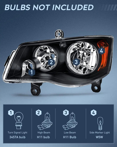 Headlight Assembly 2011 2012 2013 2014 2015 2016 2017 2018 2019 Dodge Grand Caravan 2008 2009 2010 Chrysler Town Country Headlight Assembly Black Case Amber Reflector