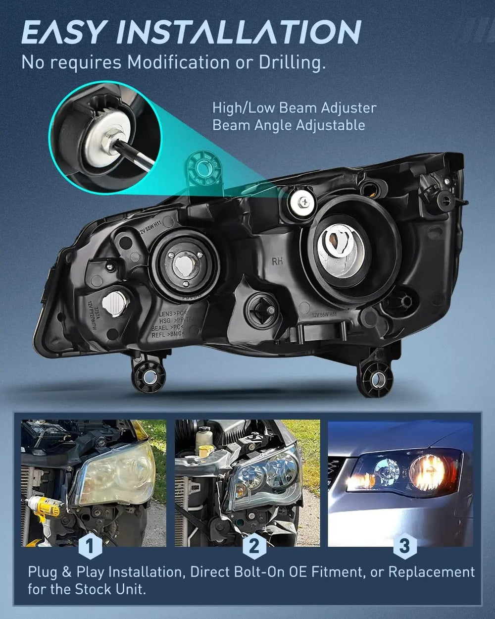 Headlight Assembly 2011 2012 2013 2014 2015 2016 2017 2018 2019 Dodge Grand Caravan 2008 2009 2010 Chrysler Town Country Headlight Assembly Black Case Amber Reflector