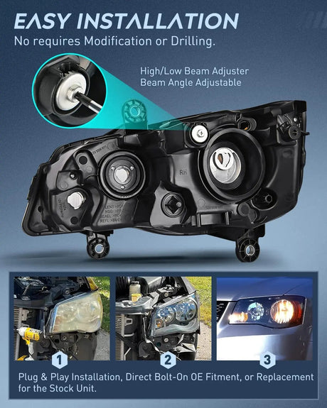 Headlight Assembly 2011 2012 2013 2014 2015 2016 2017 2018 2019 Dodge Grand Caravan 2008 2009 2010 Chrysler Town Country Headlight Assembly Black Case Amber Reflector