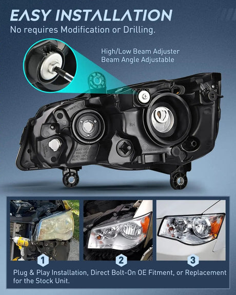 Headlight Assembly 2011 2012 2013 2014 2015 2016 2017 2018 2019 Dodge Grand Caravan 2008 2009 2010 2011 2012 2013 2014 2015  2016 Chrysler Town Country Headlight Assembly Black Case Amber Reflector