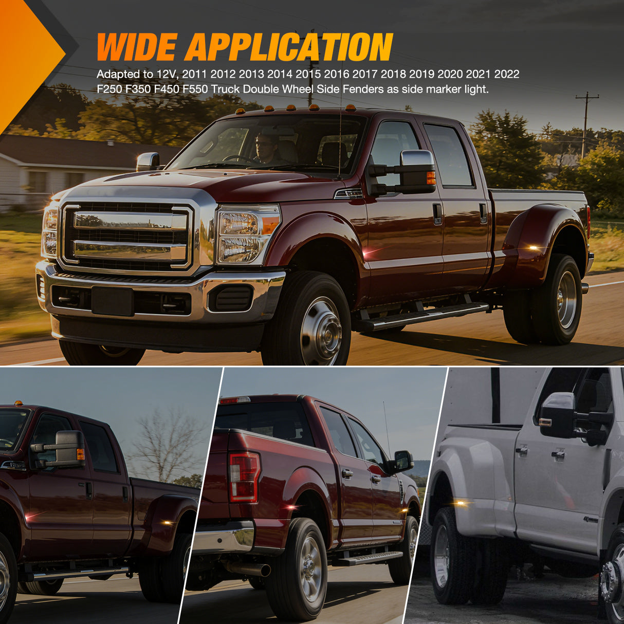 4 PCS 3 LED Red Amber Wheel Fender Side Marker Lights Compatible With 2011-2022 F250 F350 F450 F550 Super Duty