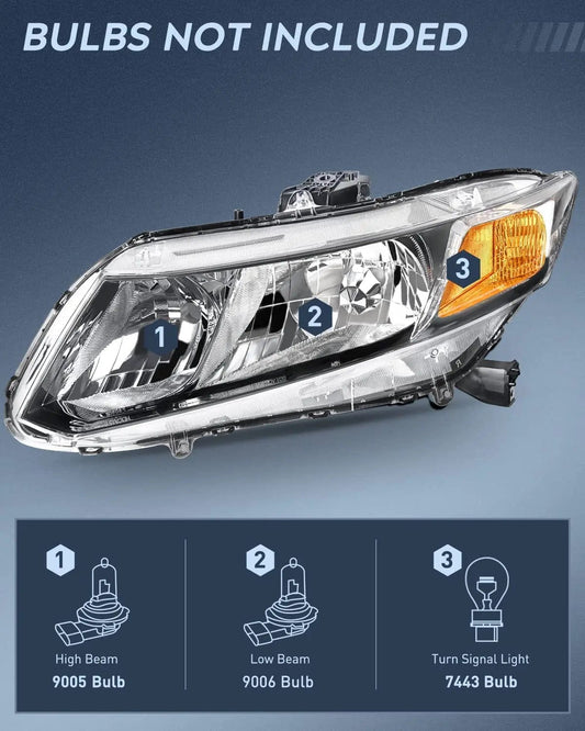 Headlight Assembly 2012 2013 2014 2015 Honda Civic Sedan 4-Door 2012-2013 Civic Coupe 2-Door Headlight Assembly Black Case Amber Reflector