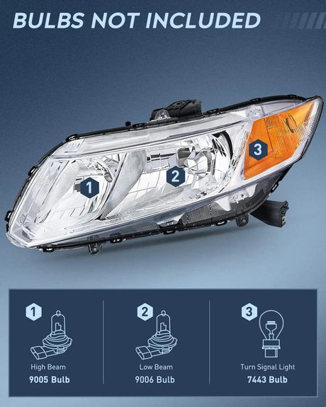Headlight Assembly 2012 2013 2014  2015 Honda Civic Sedan 4-Door 2012-2013 Civic Coupe 2-Door Headlight Assembly Chrome Case Amber Reflector
