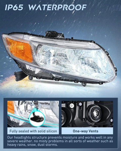 Headlight Assembly 2012 2013 2014  2015 Honda Civic Sedan 4-Door 2012-2013 Civic Coupe 2-Door Headlight Assembly Chrome Case Amber Reflector