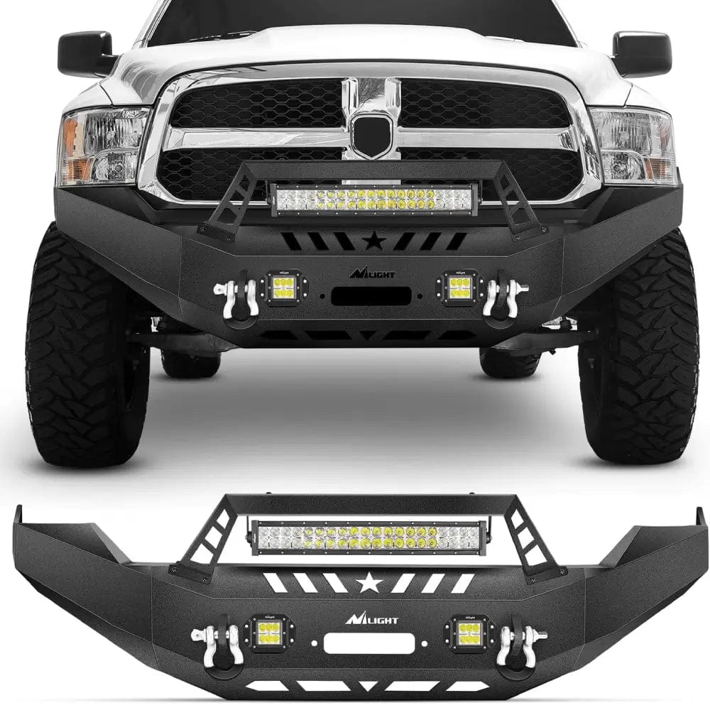 Front Bumper 2013 2014 2015 2016 2017 2018 Dodge Ram 1500 Front Bumper Full Width Solid Steel with Winch Plate Offroad 120W LED Light Bar 2Pcs 18W Light Pods D-Rings