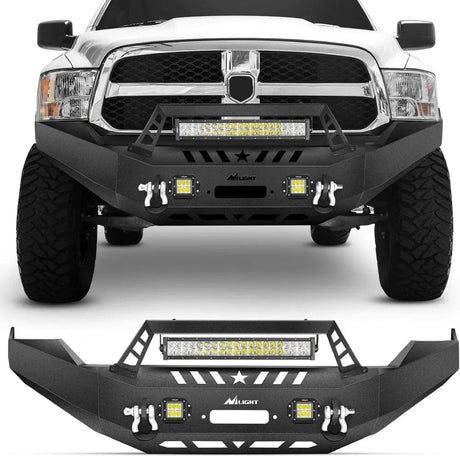Front Bumper 2013 2014 2015 2016 2017 2018 Dodge Ram 1500 Front Bumper Full Width Solid Steel with Winch Plate Offroad 120W LED Light Bar 2Pcs 18W Light Pods D-Rings